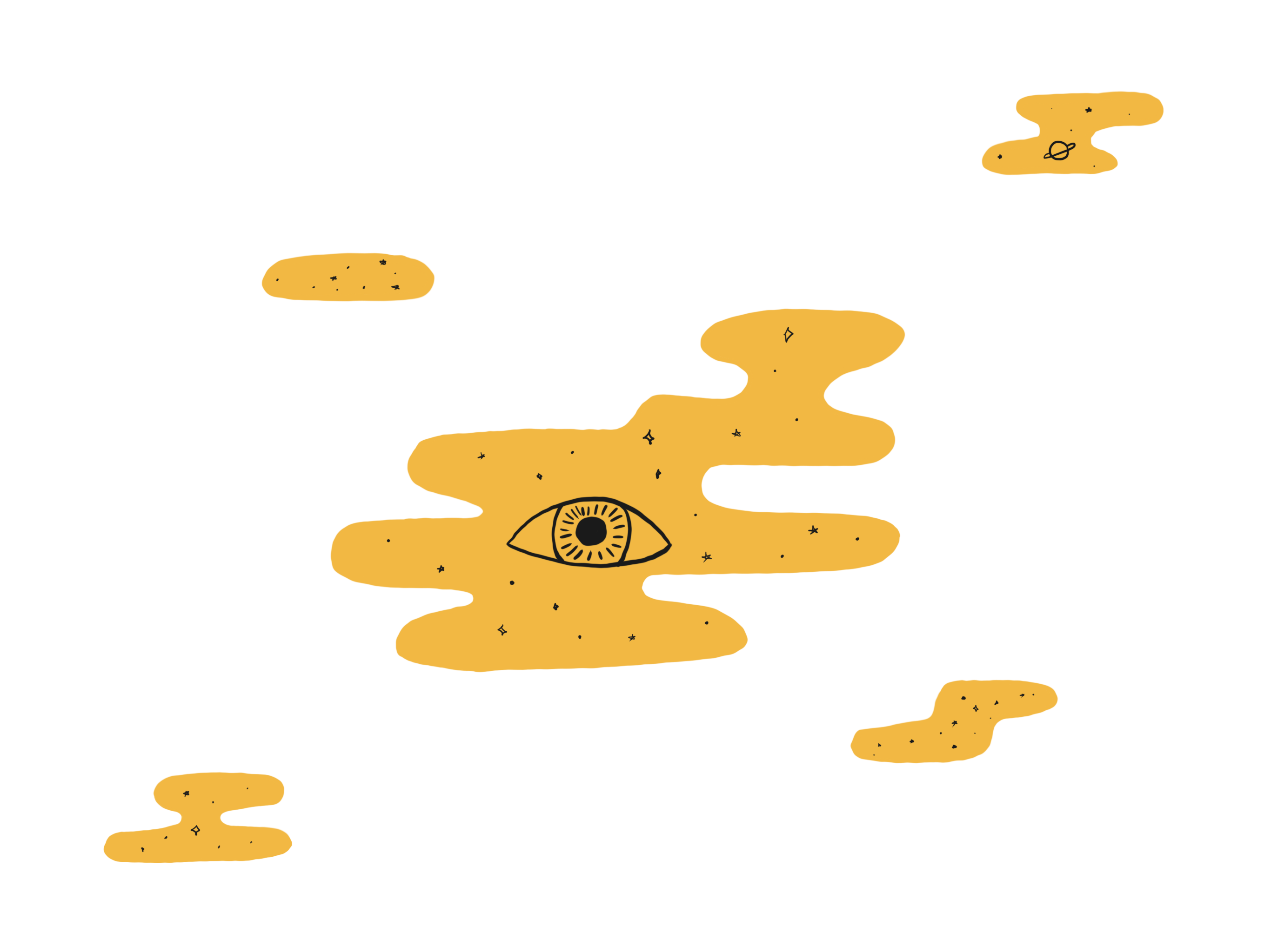Some star filled yellow globs floating in space with an eye in the center of the larger center glob.